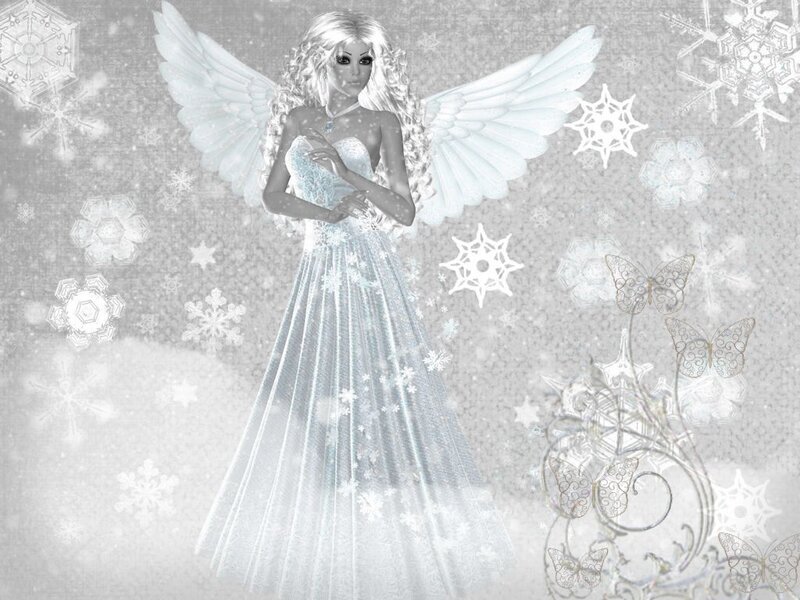 Angel with Wings — White, Serene, Winter, Digital Art