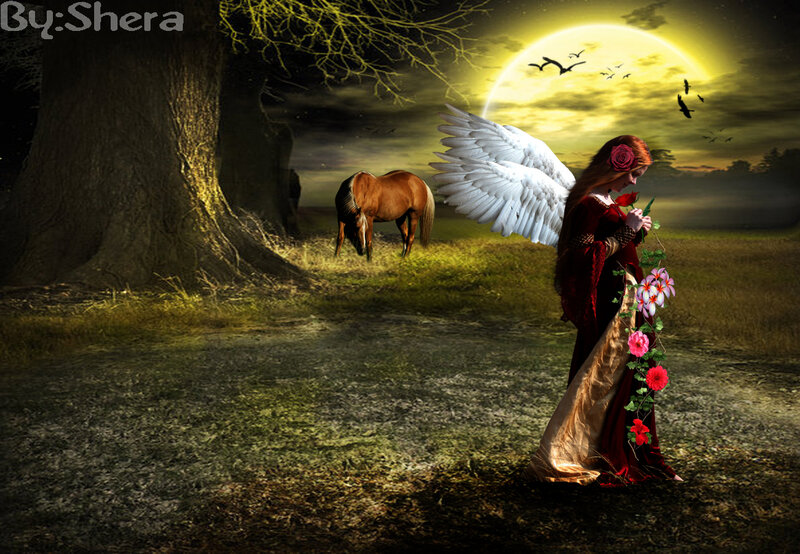 Angel with Wings — Yellow, Dramatic, Night, Digital Art, Horse