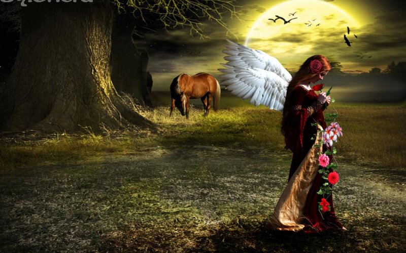 Angel with Wings — Yellow, Dramatic, Night, Digital Art, Horse, Tree