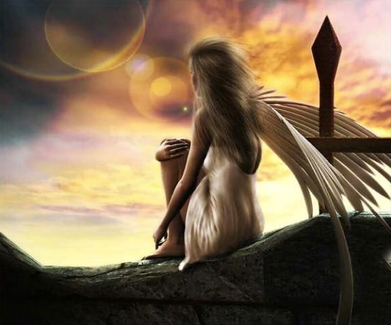 Angel with Wings — Yellow, Dramatic, Sunset