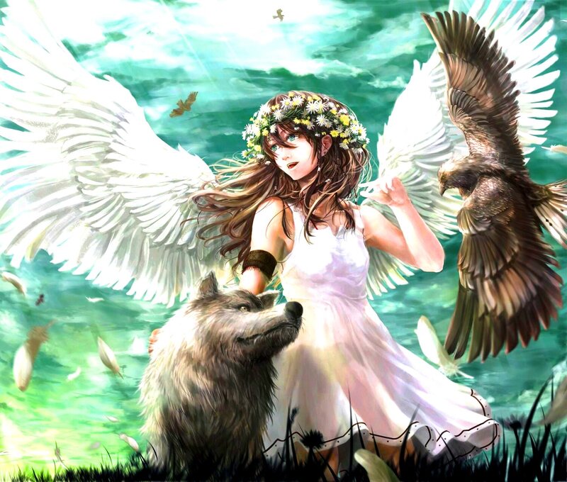 Angel with Wolf and Bird — White, Serene, Afternoon
