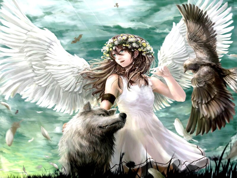 Angel with Wolf and Bird — White, Serene, Digital Art