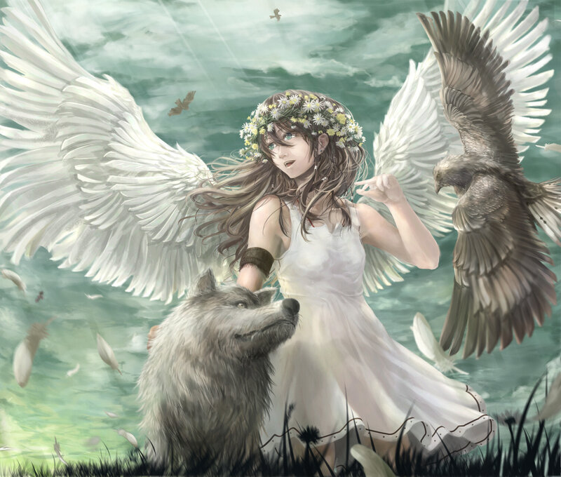 Angel with Wolf and Bird — White, Serene