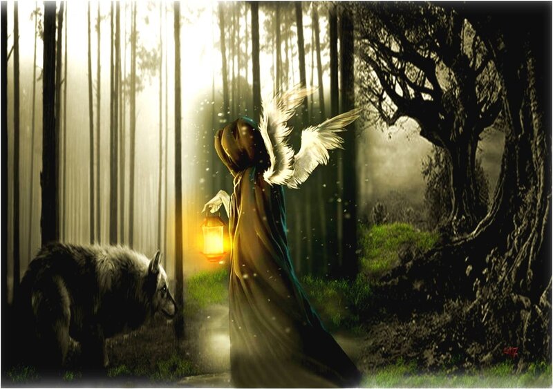Angel with Wolf in Forest — Green