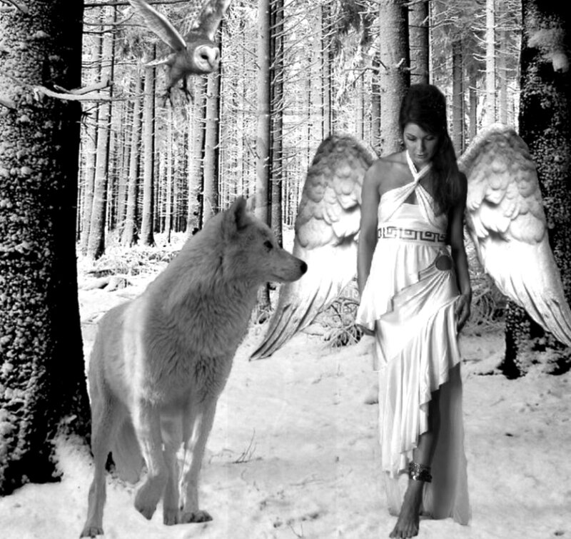Angel with Wolf in Forest
