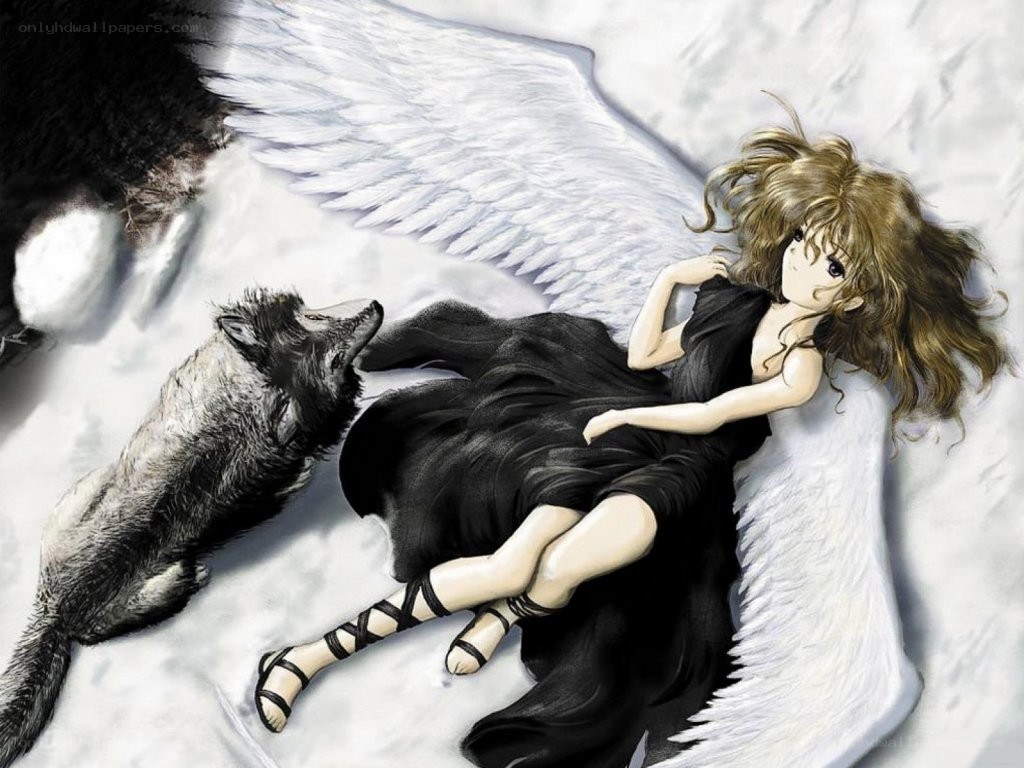 Angel with wolf in snow