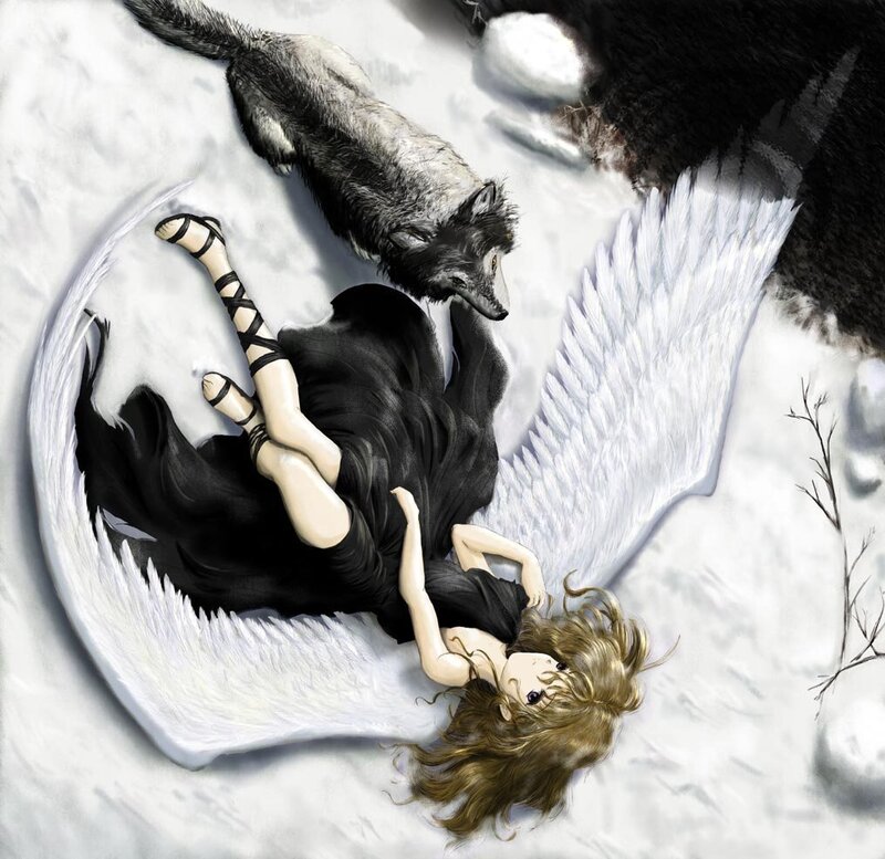 angel with wolf in snow