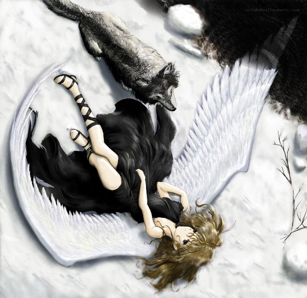 angel with wolf in snow