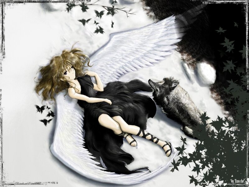 Angel with wolf in snow