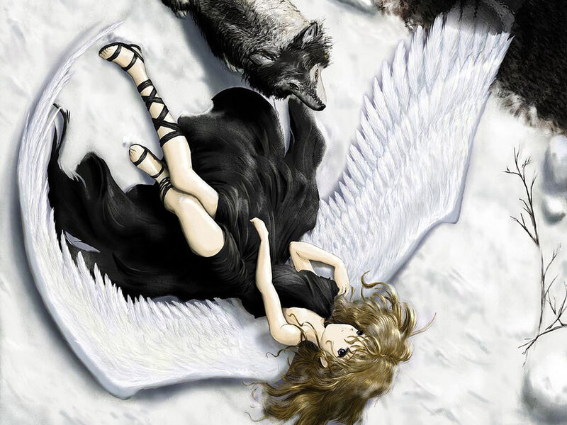 Angel with Wolf in Snow — White