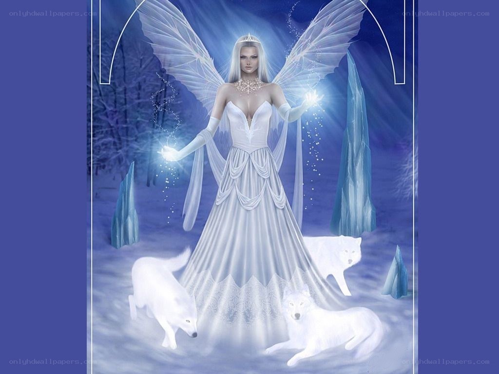 Angel with wolves in winter