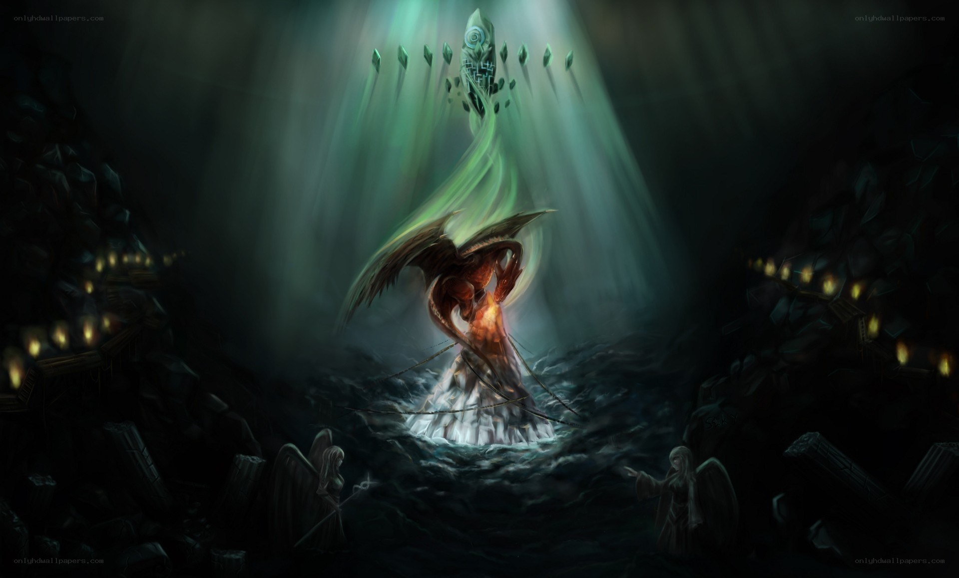 angelic battle in dark cavern
