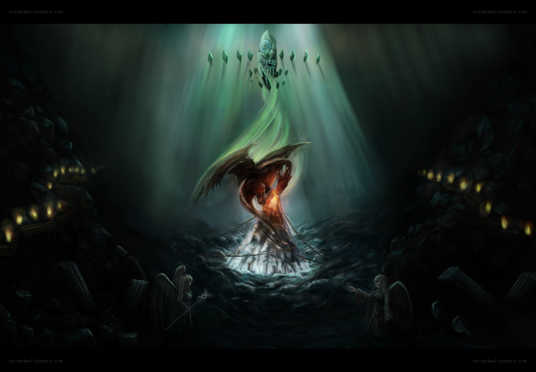 angelic battle in dark cavern