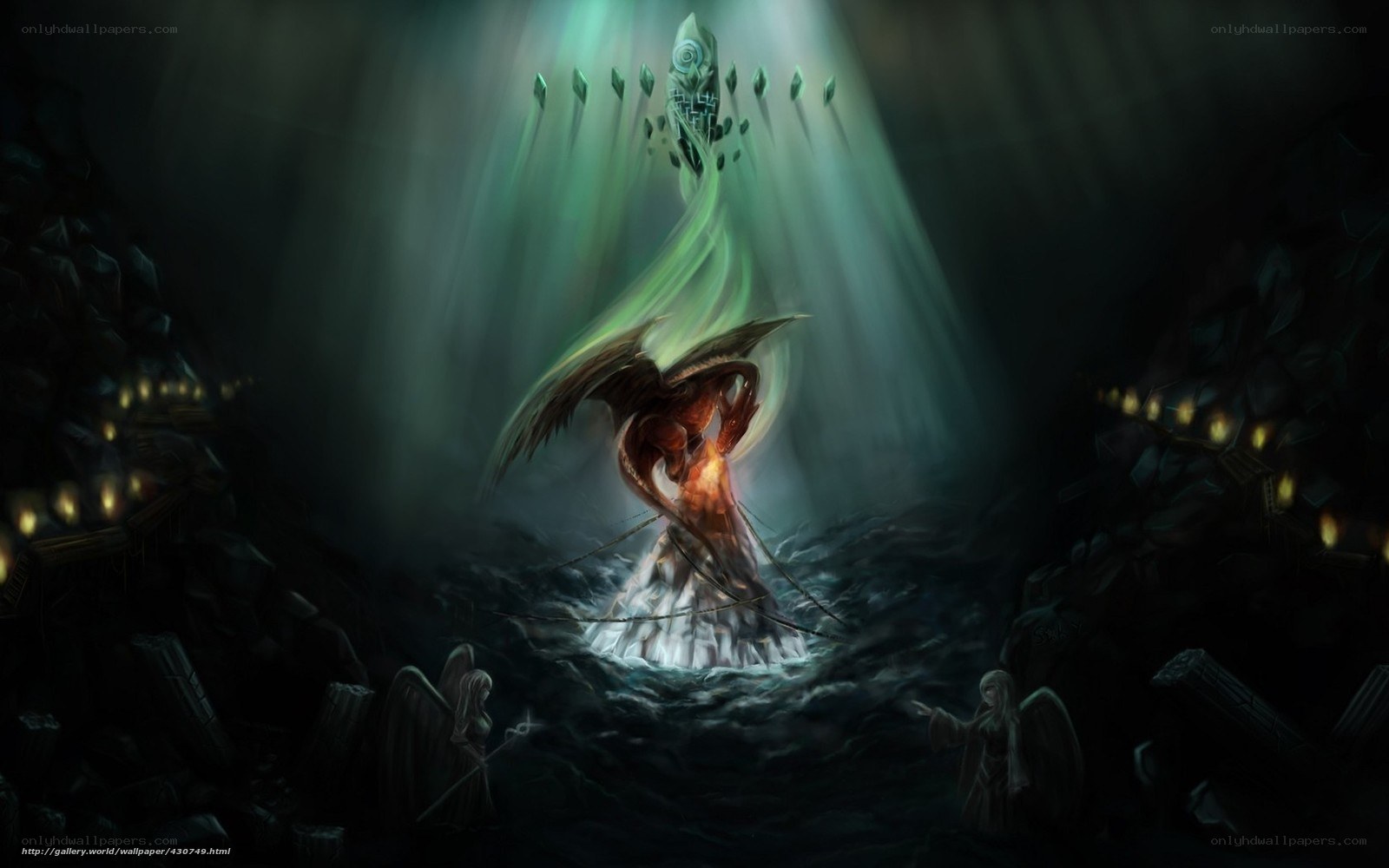 angelic battle in dark cavern