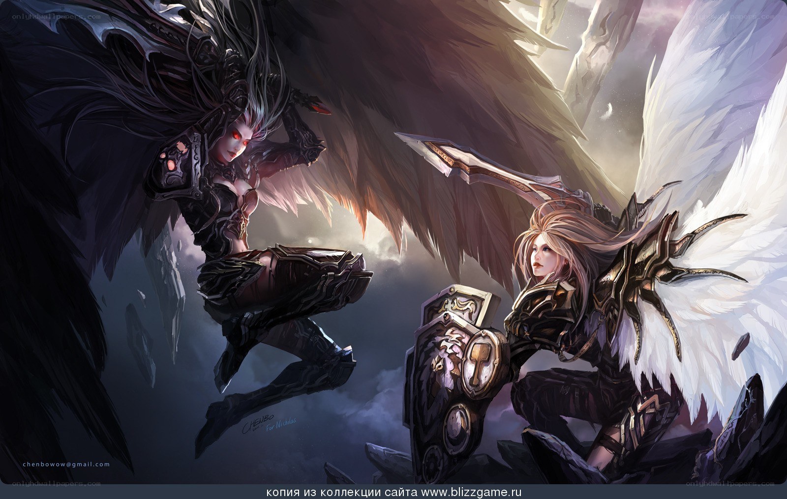 Angelic battle in dark sky