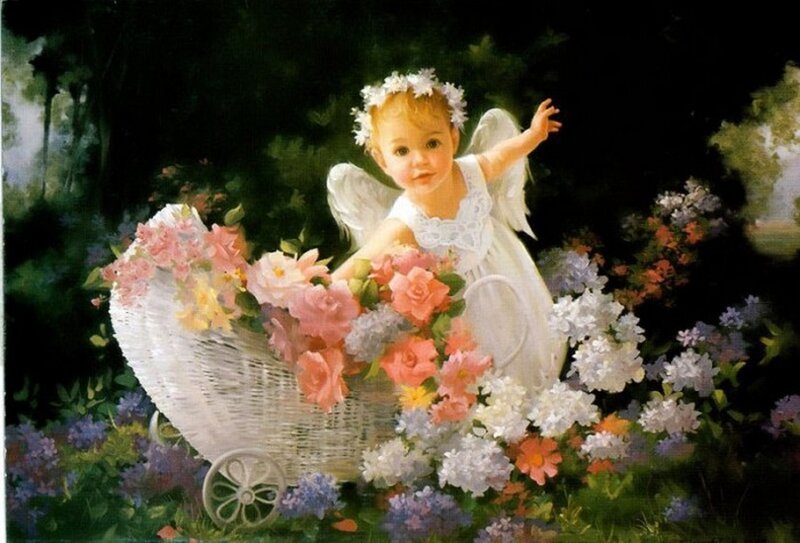 Angelic Child with Flowers — White