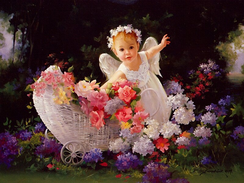 Angelic Child with Stroller — White, Serene