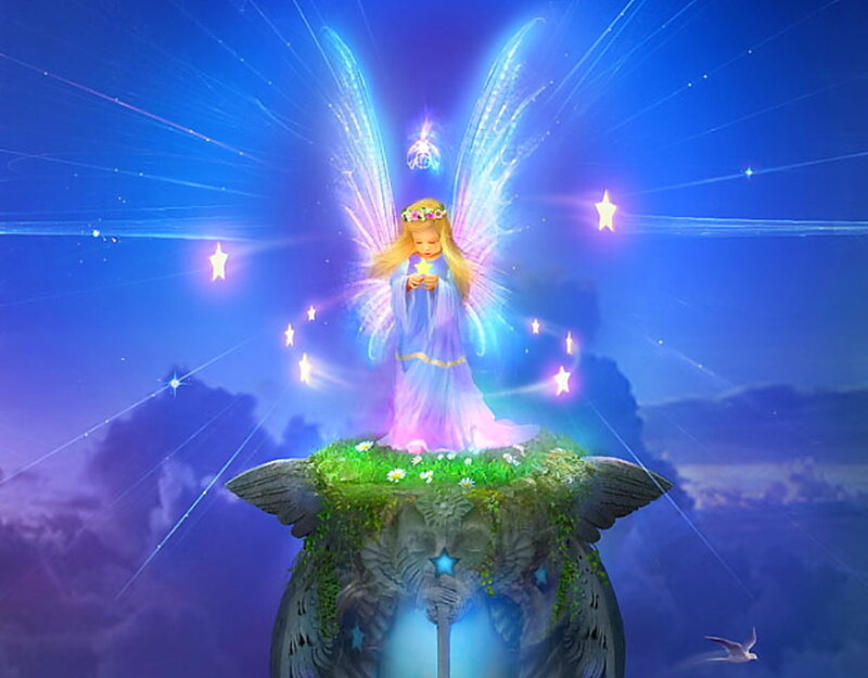 Angelic Child with Wings — Blue, Serene, Night