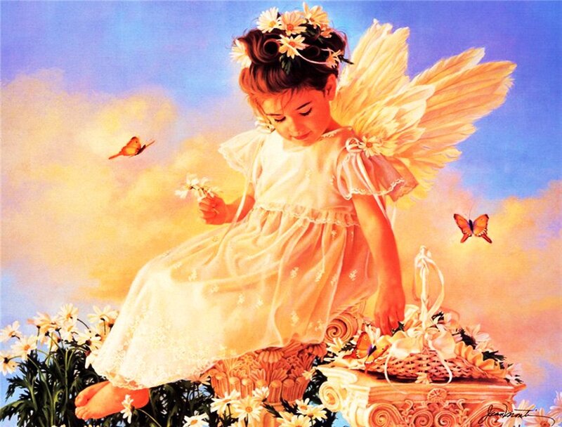 Angelic Child with Wings — Blue, Serene, Sunset