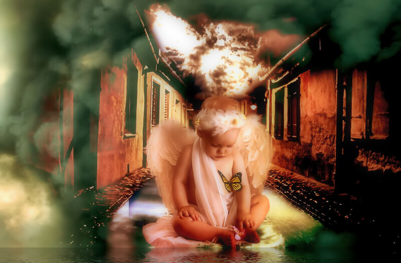 Angelic Child with Wings — White, Dramatic