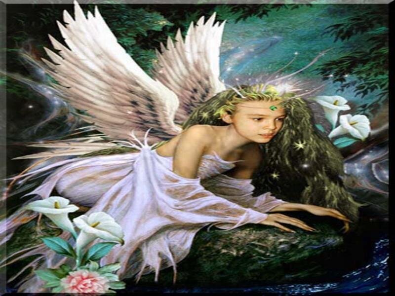 Angelic Child with Wings — White, Serene, Night, Digital Art, Flowers