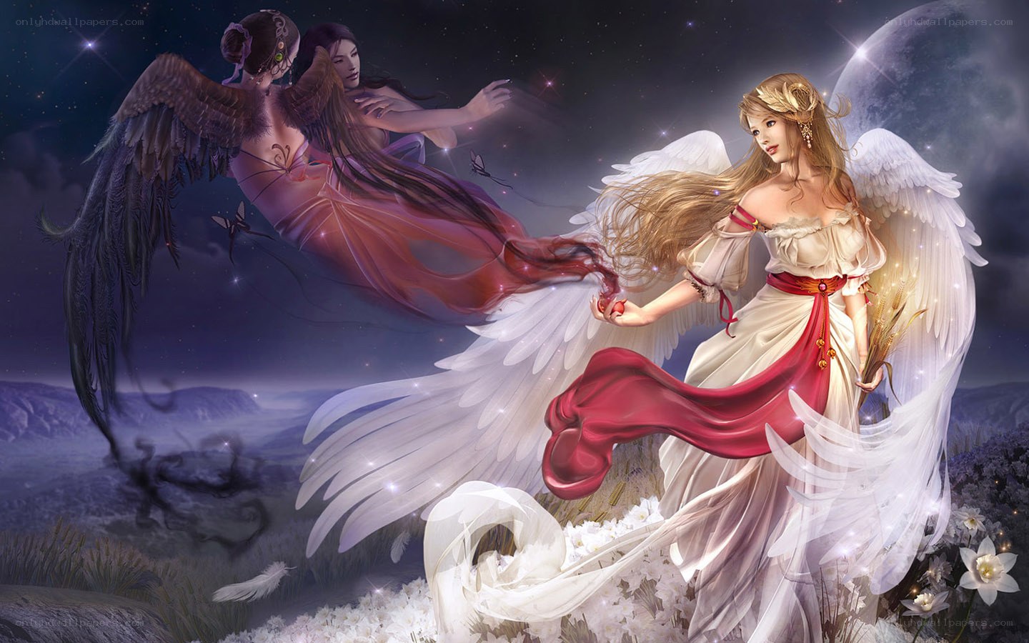 Angelic confrontation in night sky