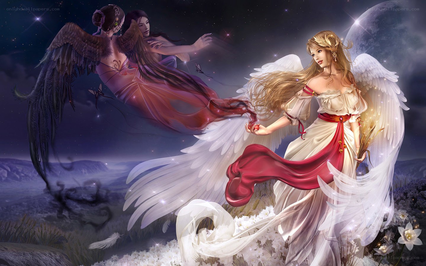 Angelic confrontation in night sky