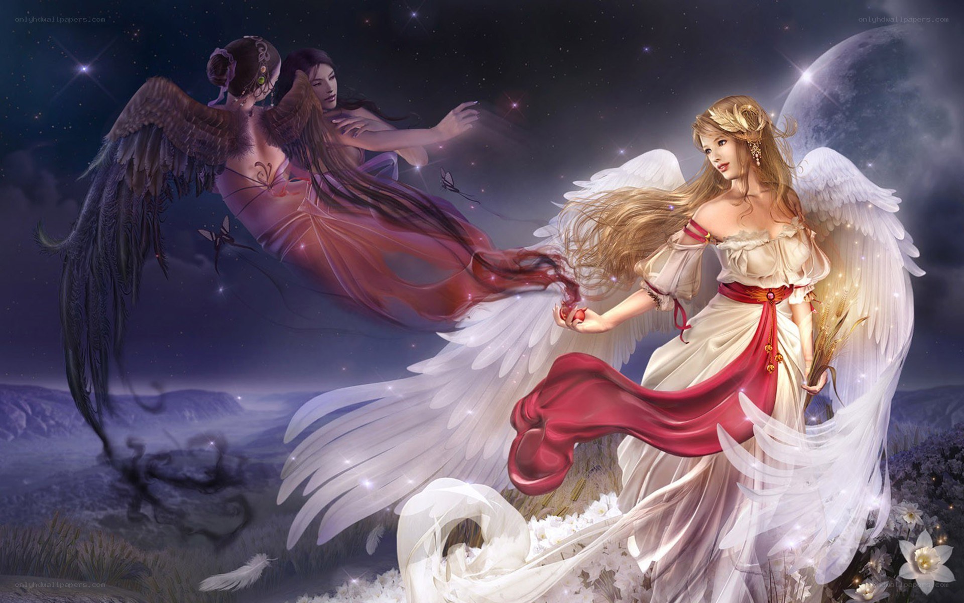 Angelic confrontation in starlit sky