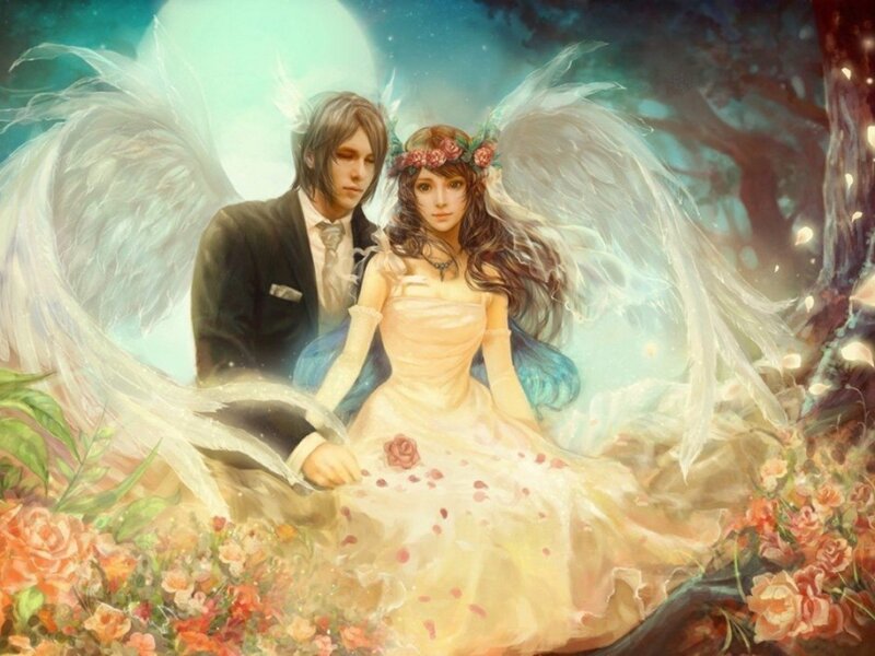 Angelic Couple in Garden — White