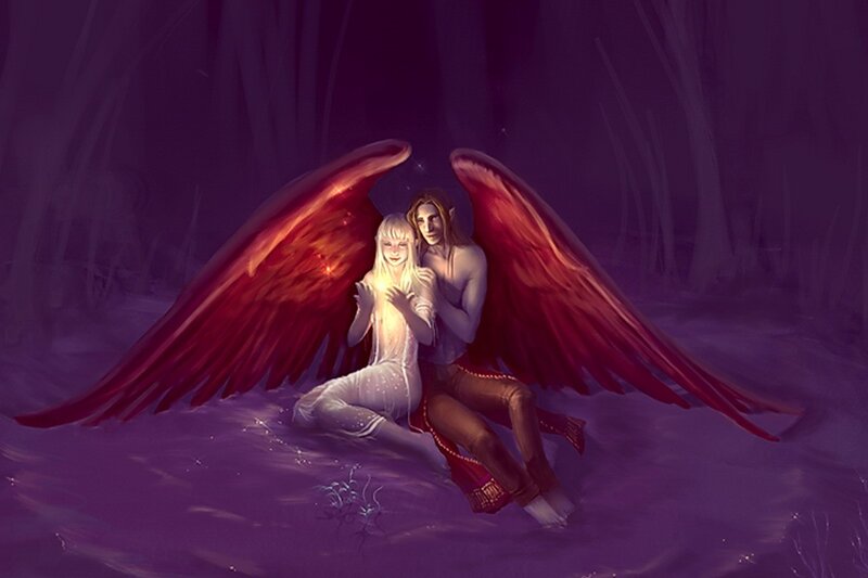 angelic couple in purple forest
