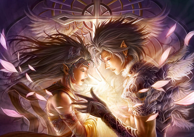 angelic couple in radiant embrace