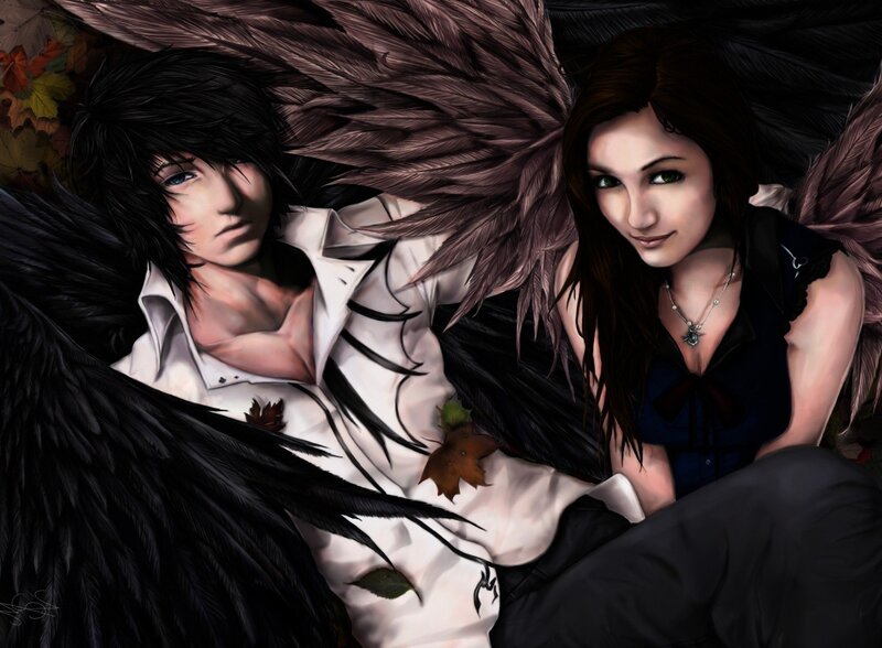 angelic couple with dark wings