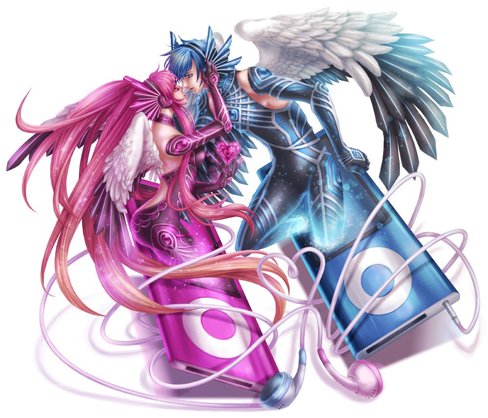 angelic couple with music players