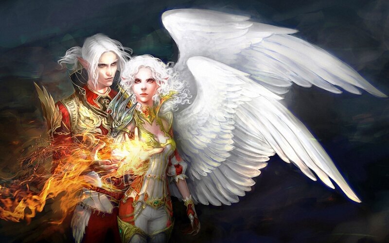 Angelic Couple with Wings — White, Dramatic