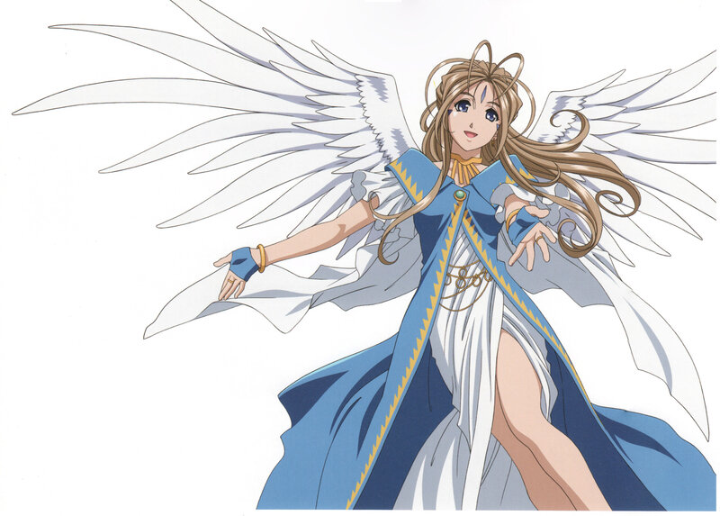 Angelic Female Character — White, Serene, Anime, Wings, Blue and White Robe