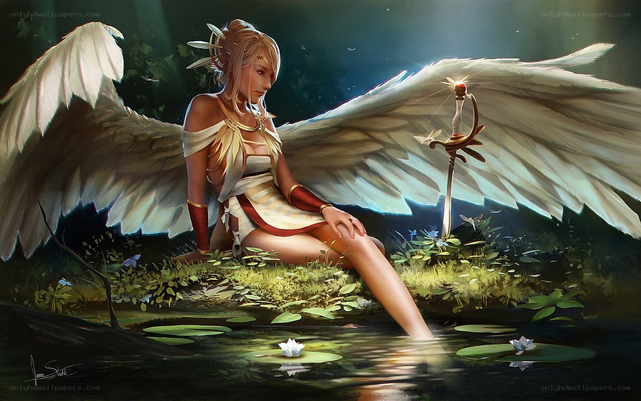 angelic figure by a pond
