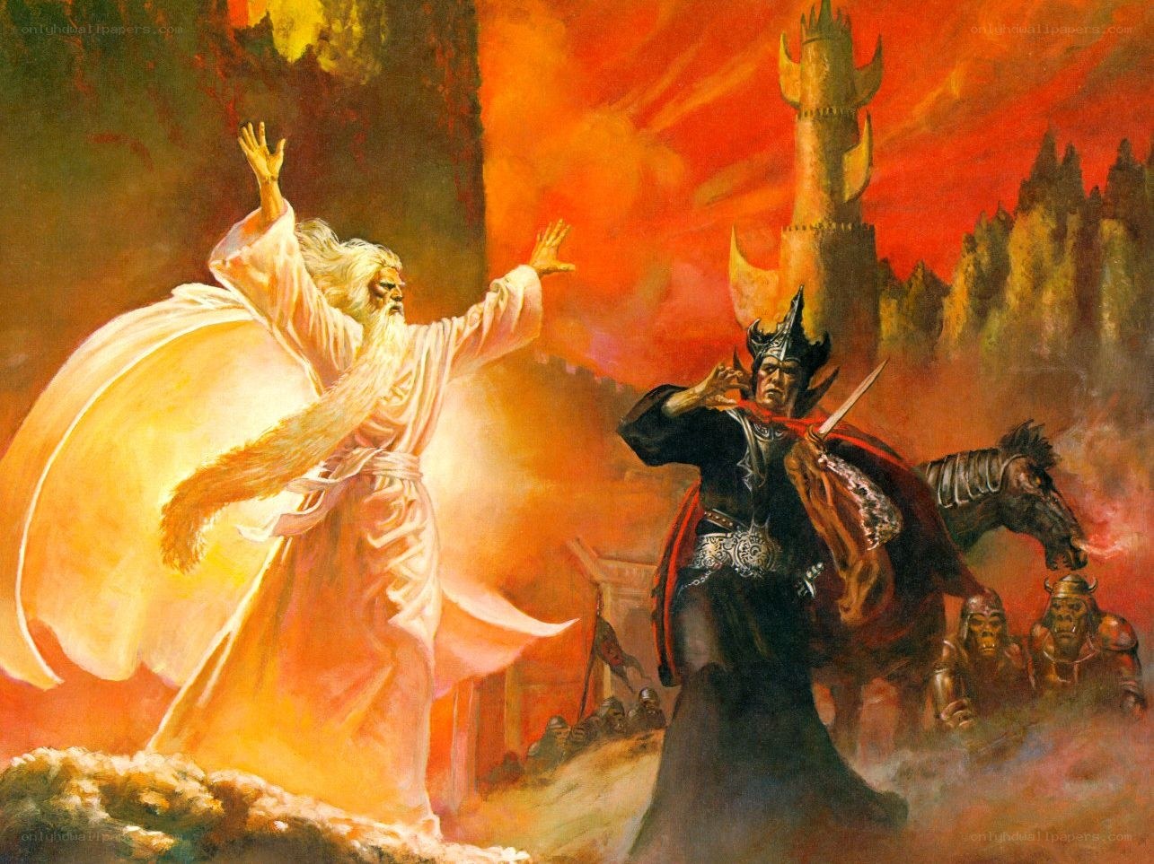 Angelic figure confronting dark lord