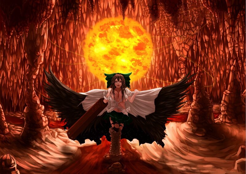 angelic figure in fiery cavern