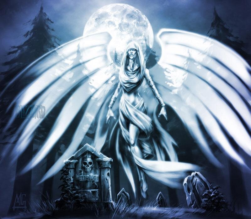 angelic figure in moonlit graveyard