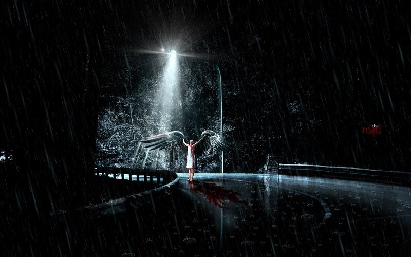 Angelic Figure in Rain — Black, Dramatic