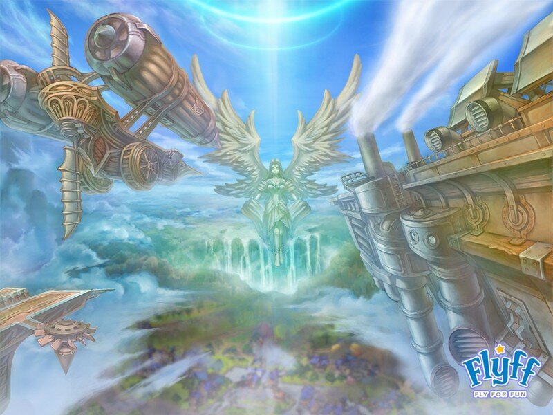 angelic figure in sky with airships