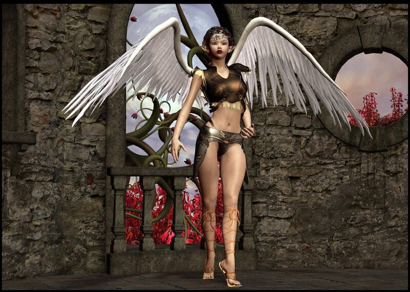 angelic figure in stone courtyard