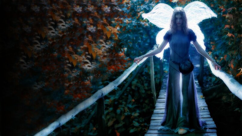angelic figure on a forest bridge