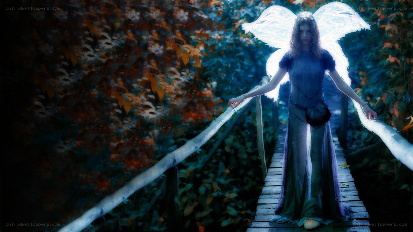 angelic figure on a forest bridge