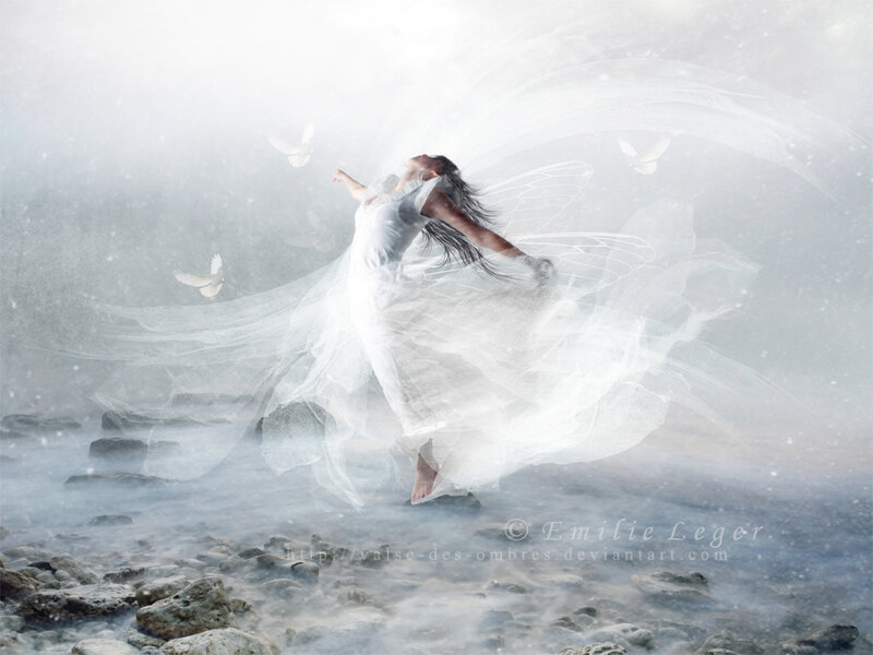 angelic figure on a misty shore