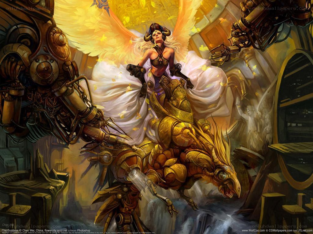 angelic figure on mechanical dragon