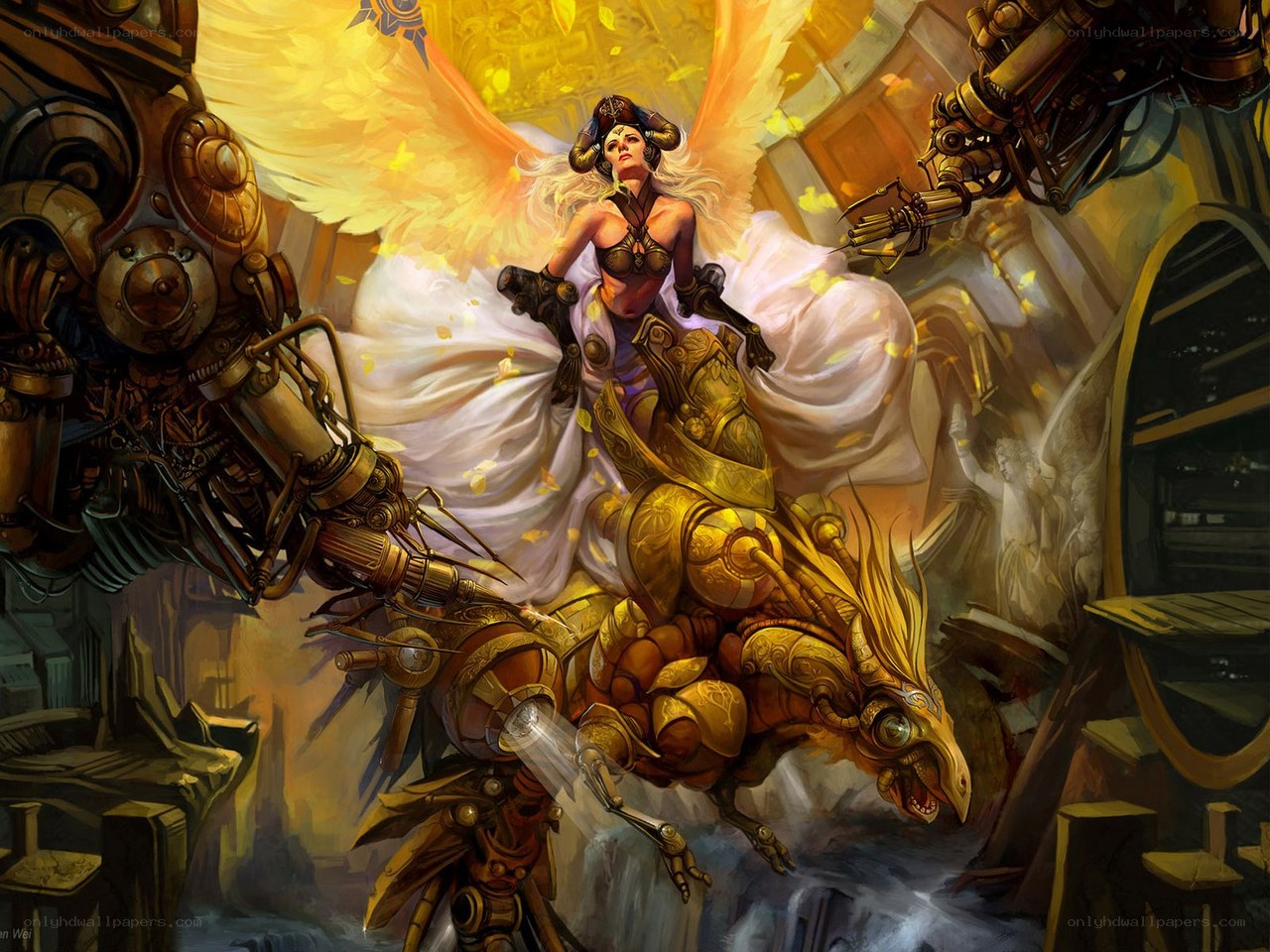 angelic figure on mechanical steed