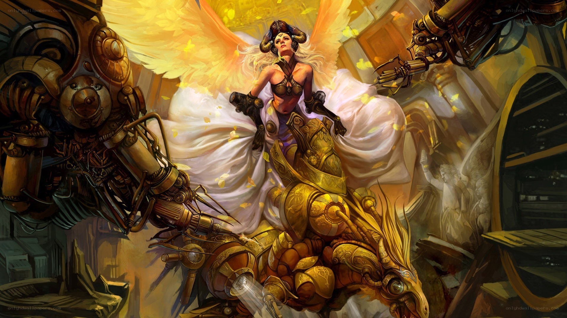 angelic figure on mechanical steed