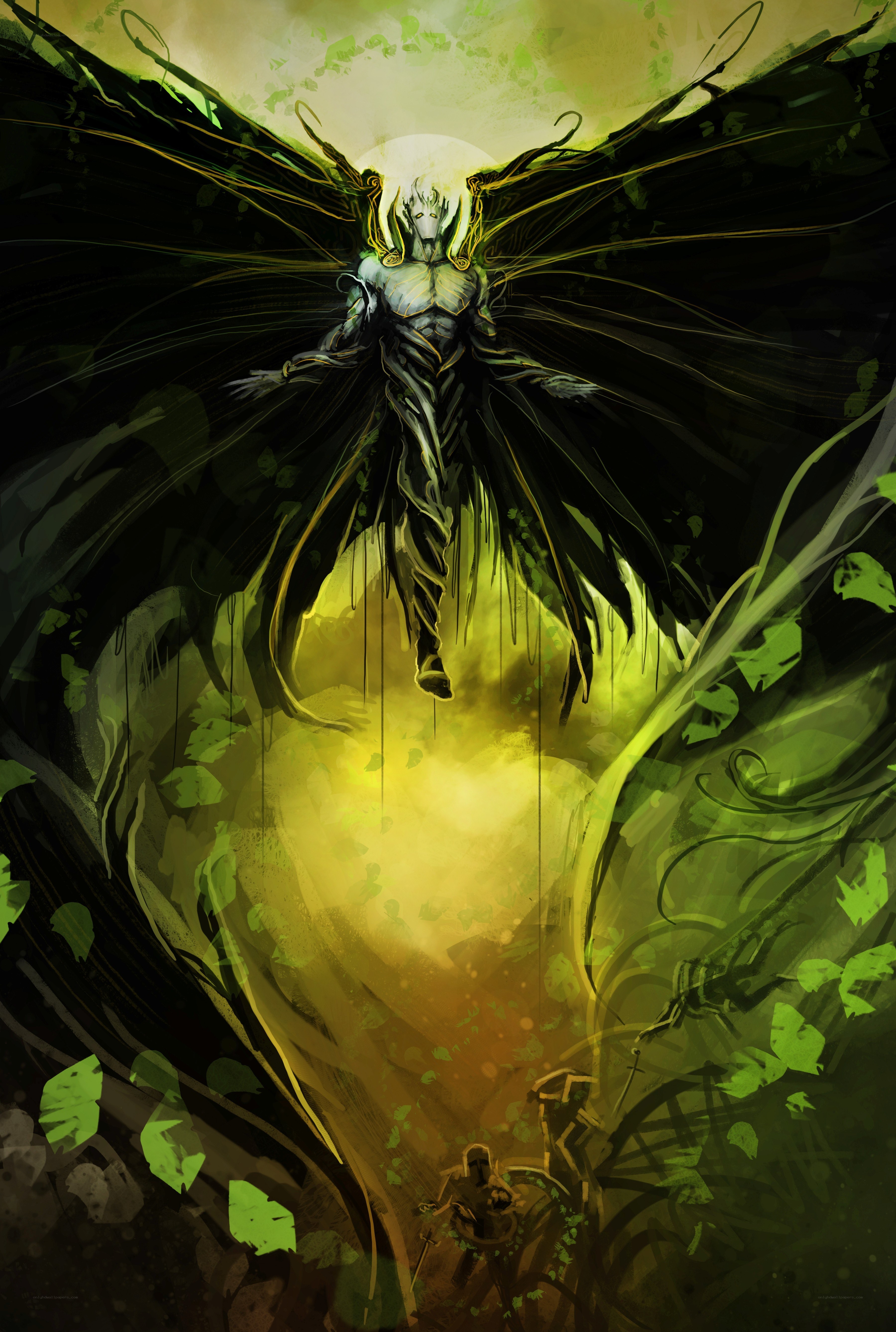 angelic figure with dark wings