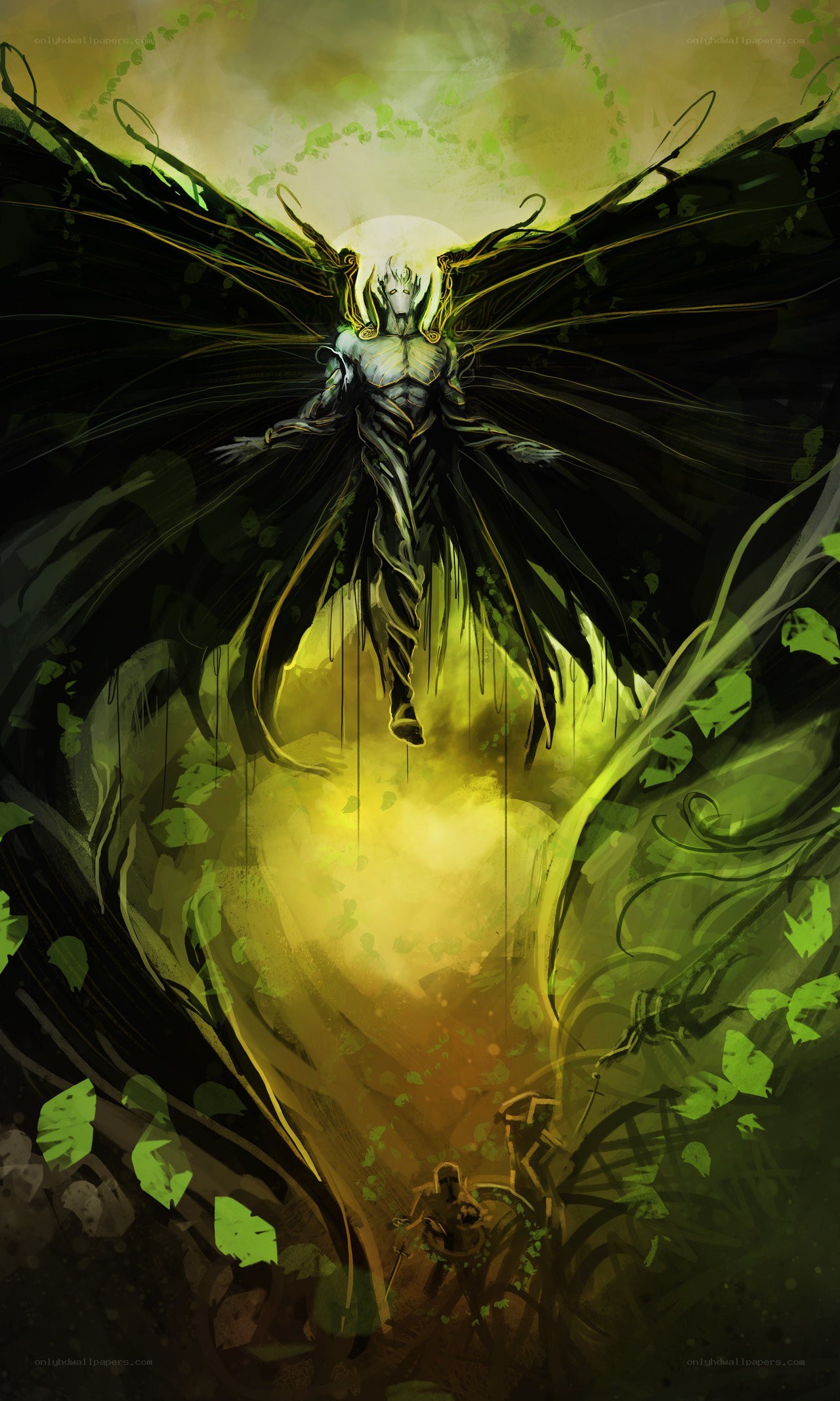 angelic figure with dark wings